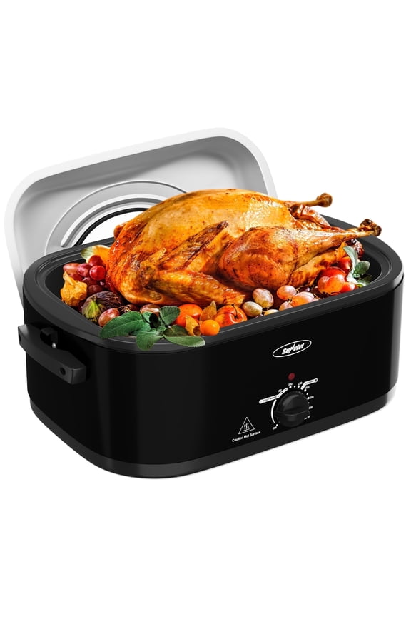 Roaster Oven with Self-Basting Lid, 20qt Electric Roaster with Removable Pan & Rack, Turkey Roaster Oven with Defrost & Warm Function, Stainless Steel, Black