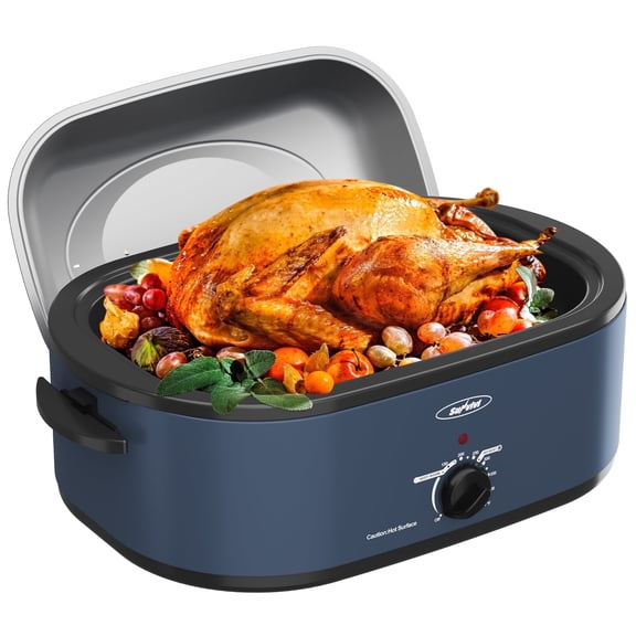 Sunvivi Roaster Oven with Self-Basting Lid, 20qt Electric Roaster with Removable Pan & Rack, Turkey Roaster Oven with Defrost & Warm Function, Stainless Steel, Blue