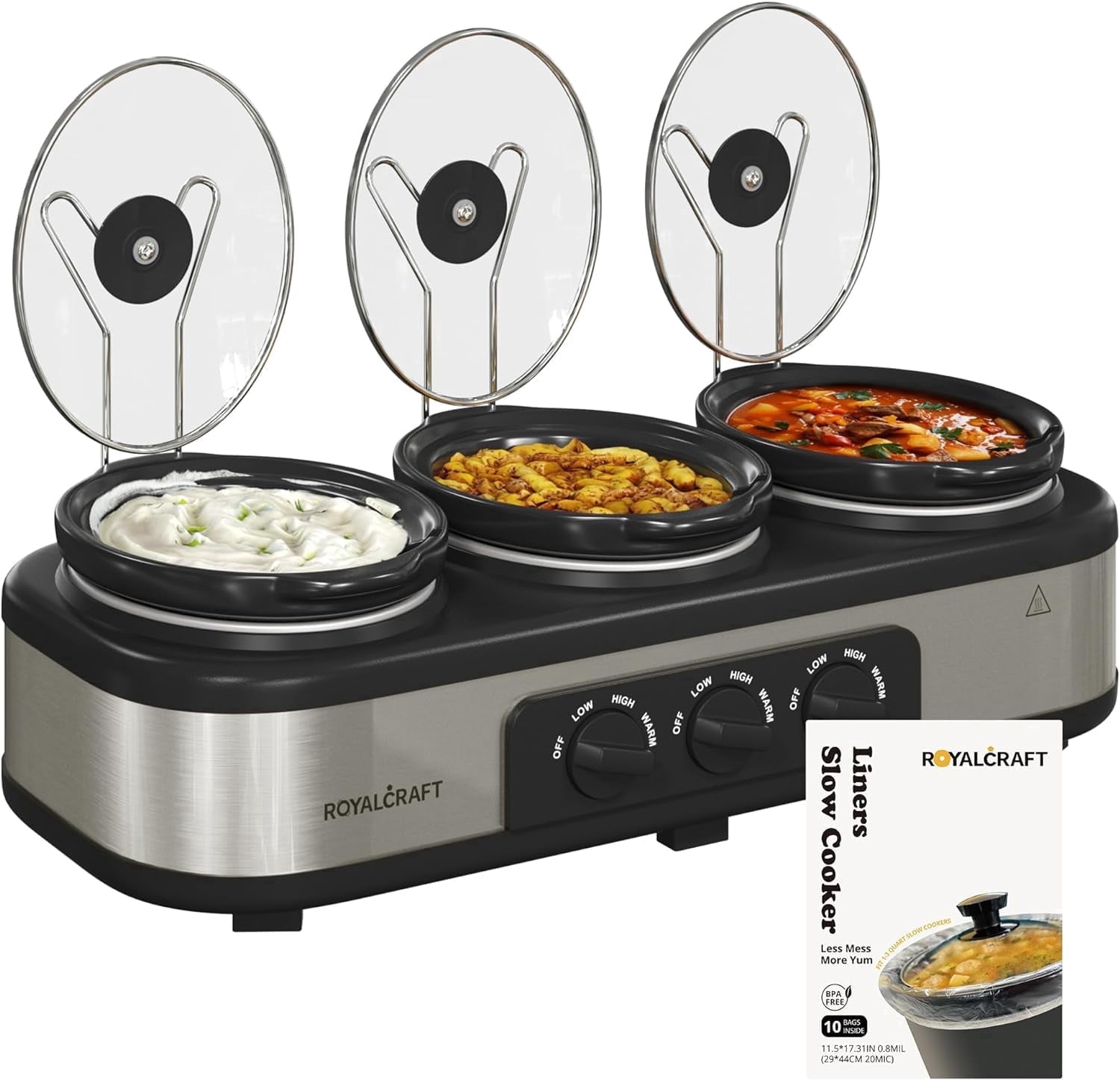 Sunvivi 3-in-1 Crock Pot Slow Cooker, 4.5QT Buffet Server and Food Warmer with 3 Removable Ceramic Pots, Crockpot with 3 Spoons and Lid Rests for Parties, Picnics, Silver