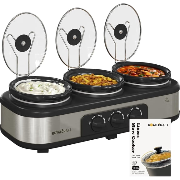 Sunvivi 3-in-1 Crock Pot Slow Cooker, 4.5QT Buffet Server and Food Warmer with 3 Removable Ceramic Pots, Crockpot with 3 Spoons and Lid Rests for Parties, Picnics, Silver
