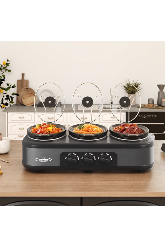 3-in-1 Crock Pot Slow Cooker, 4.5QT Buffet Server and Food Warmer with 3 Removable Ceramic Pots, Crockpot with 3 Spoons and Lid Rests for Parties, Picnics, Grey