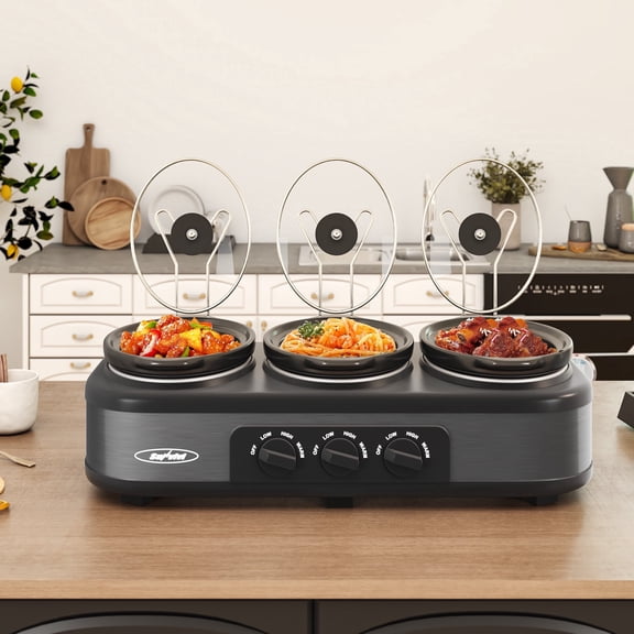 Sunvivi 3-in-1 Crock Pot Slow Cooker, 4.5QT Buffet Server and Food Warmer with 3 Removable Ceramic Pots, Crockpot with 3 Spoons and Lid Rests for Parties, Picnics, Grey