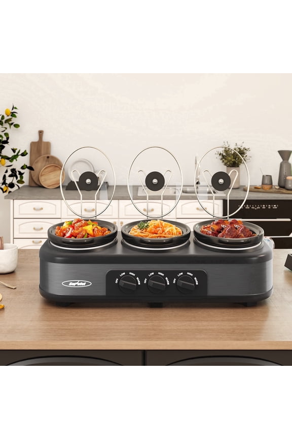 3-in-1 Crock Pot Slow Cooker, 4.5QT Buffet Server and Food Warmer with 3 Removable Ceramic Pots, Crockpot with 3 Spoons and Lid Rests for Parties, Picnics, Grey
