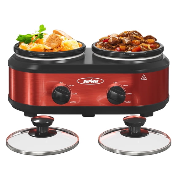 SUNVIVI Small Double Slow Cooker, 2 Pot 1.25 Quart Oval Crock Food Warmer Buffet Server, Stainless Steel