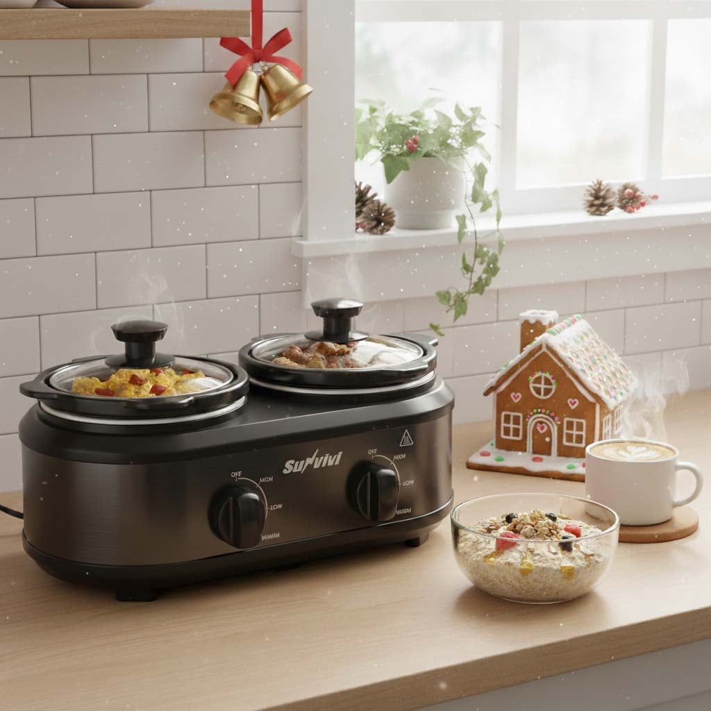 Sunvivi Small Double Slow Cooker, 2 Pot 1.25 Quart Oval Crock Food Warmer Buffet Server, Stainless Steel, Gray