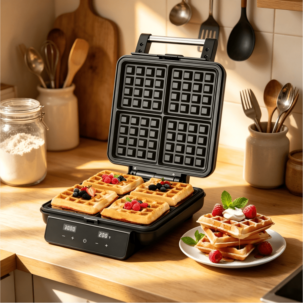 SUNVIVI 4-in-1 Waffle Maker: Quick Heat-Up, Nonstick, 4 Slices, Stainless Steel