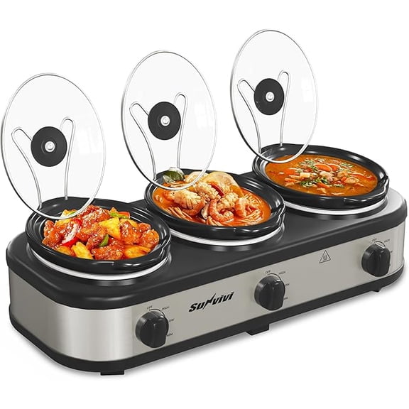 Sunvivi Triple Slow Cooker, Buffet Server and Food Warmer, Small Mini Pot with 3 Adjustable Temp & 3 Visible Glass Lids, for Parties, Holidays and Entertaining, Stainless Steel, 3 * 1.5 Quarts