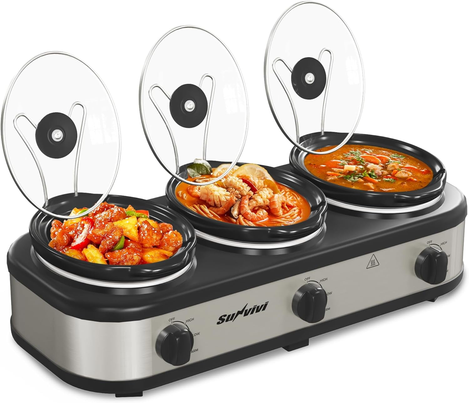 Sunvivi Triple Slow Cooker, Buffet Server and Food Warmer, Small Mini Pot with 3 Adjustable Temp