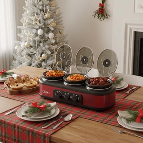 Sunvivi Triple Slow Cooker Buffet Servers and Warmer,3 Pot Food Small Mini Manual Slow Cooker with Adjustable Temp Stainless Steel Lid Rests,Removable Ceramic Pot, 3 * 1.5 Quarts Red