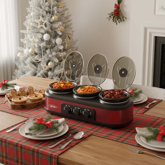 Sunvivi Triple Slow Cooker Buffet Servers and Warmer,3 Pot Food Small Mini Manual Slow Cooker with Adjustable Temp Stainless Steel Lid Rests,Removable Ceramic Pot, 3 * 1.5 Quarts Red