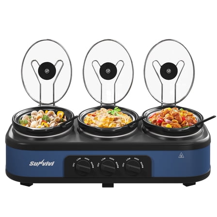 Sunvivi 3-in-1 Crock Pot Slow Cooker, 4.5QT Buffet Server and Food Warmer with 3 Removable Ceramic Pots, Crockpot with 3 Spoons and Lid Rests for Parties, Picnics, Blue