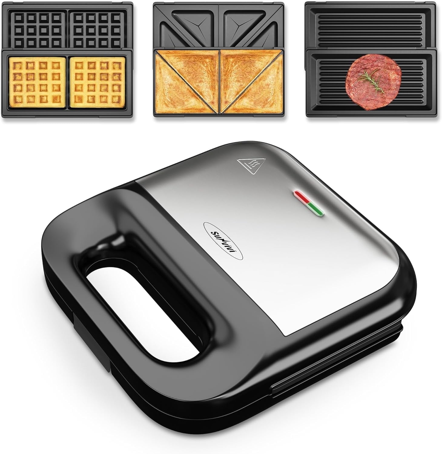 Sunvivi 3-in-1 Sandwich & Waffle Maker - 850W Electric Grill With Removable Plates, Glass Top & Cool-Touch Handle