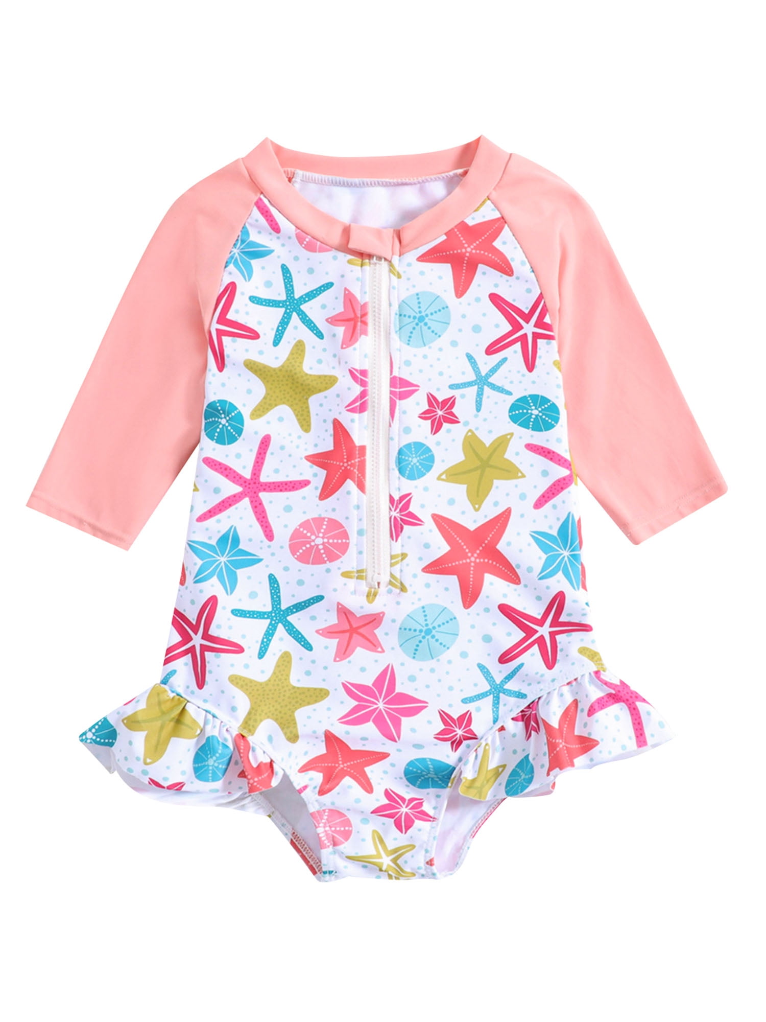 Sunwanar Toddler Kids Girls Bikini, Long Sleeve Swimsuit Crew Neck Starfish Donut Leaves Print