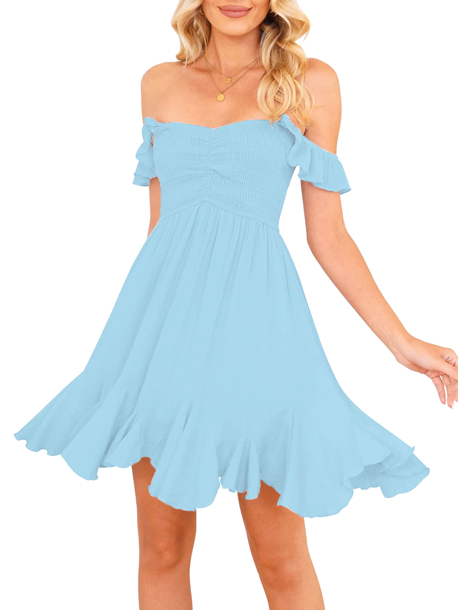 Women's Summer Short Dress - Off Shoulder Boat Neck With Puff Sleeves, Ruched Bust, A-Line Fit