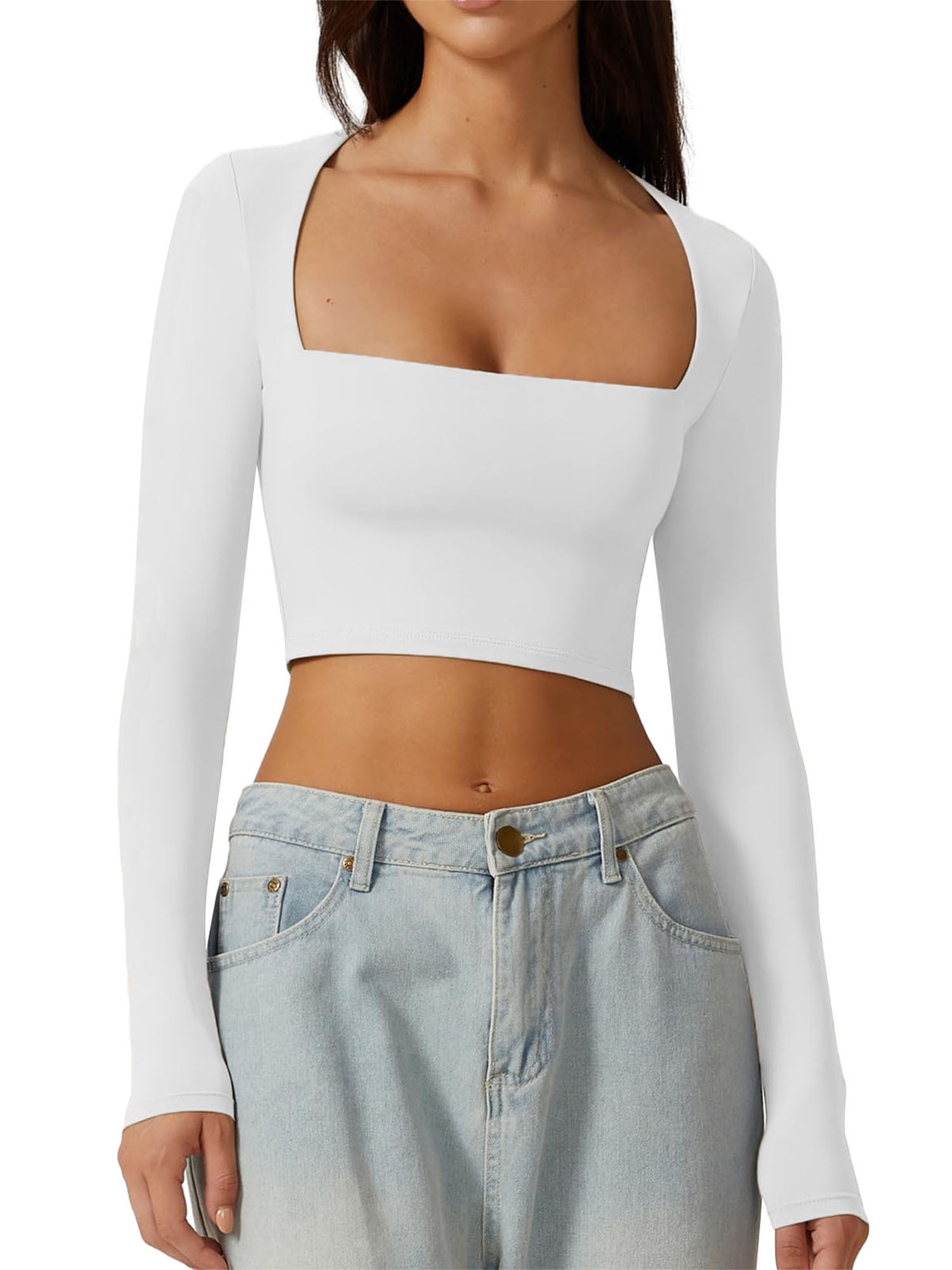 Micticsi Women's V Neck Long Sleeve Crop Top - Ruched Fitted T-Shirt, Slim Cropped Top
