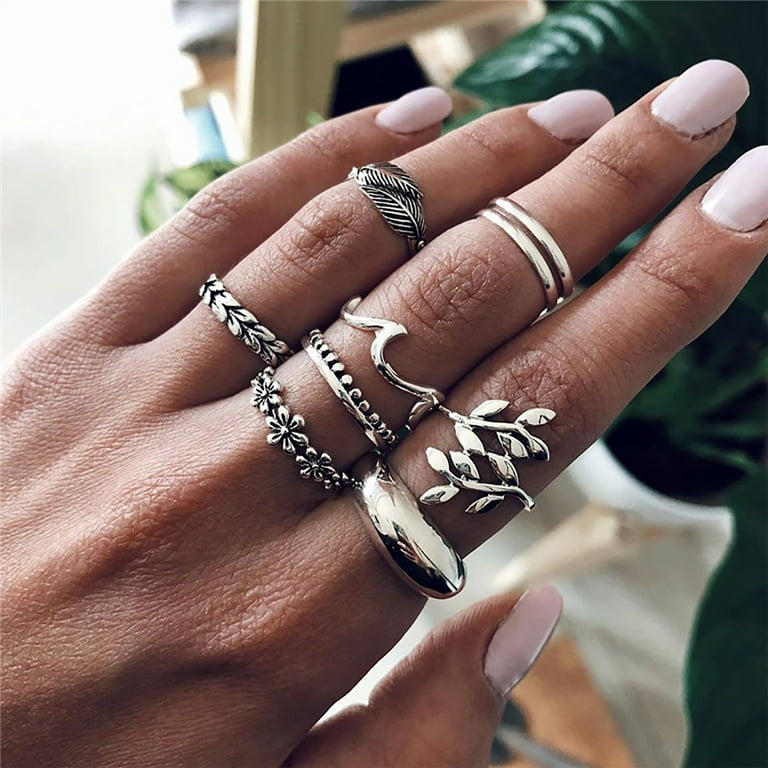 Sunward 9PC Ladies Vintage Silver Stack Ring Above Knuckle Combination Ring Set