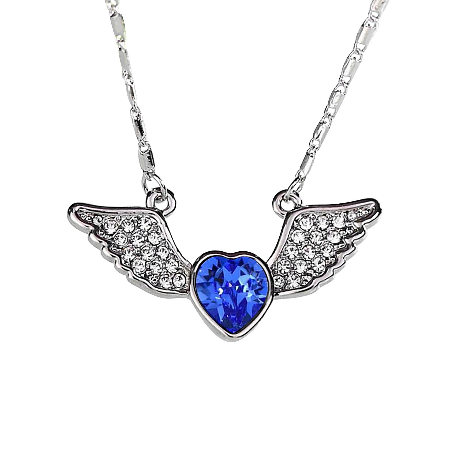 Diamond Heart & Angel Wings Pendant Necklace 14k White Gold 0.05ct - AZ11246