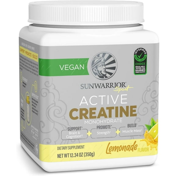 Sunwarrior Vegan Creatine Monohydrate Powder, Preworkout Recover Supplement, Lemonade, 12.34 oz