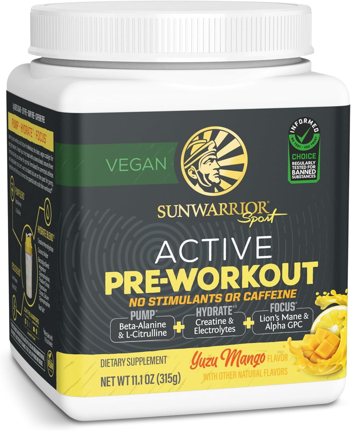 Sunwarrior Active Pre-Workout Powder for Men, Caffeine-Free, Yuzu Mango, 11.1 oz (30 Servings)