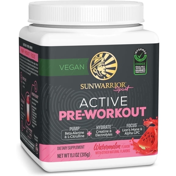 Sunwarrior Active Pre-Workout Powder for Men & Women, Watermelon, 315g (30 Servings)