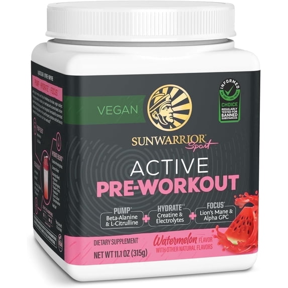 Sunwarrior Active Pre-Workout Powder for Men & Women, Watermelon, 315g (30 Servings)