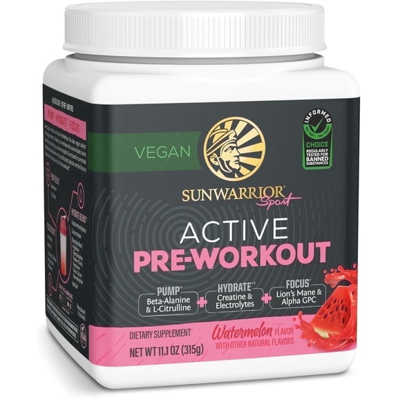 Sunwarrior Active Pre-Workout Powder for Men & Women, Watermelon, 315g (30 Servings)