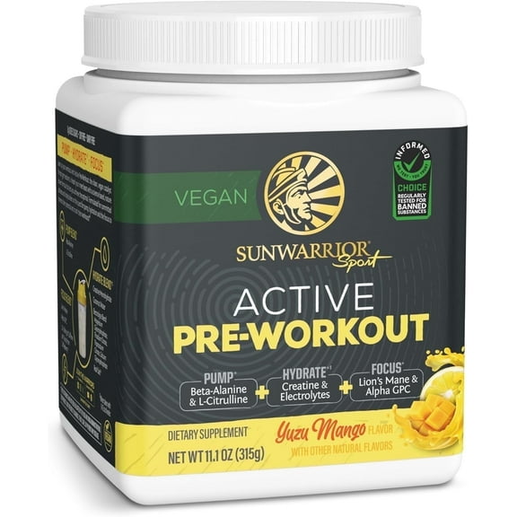 Sunwarrior Active Pre-Workout Powder for Men & Women, Yuzu Mango, 315g (30 Servings)