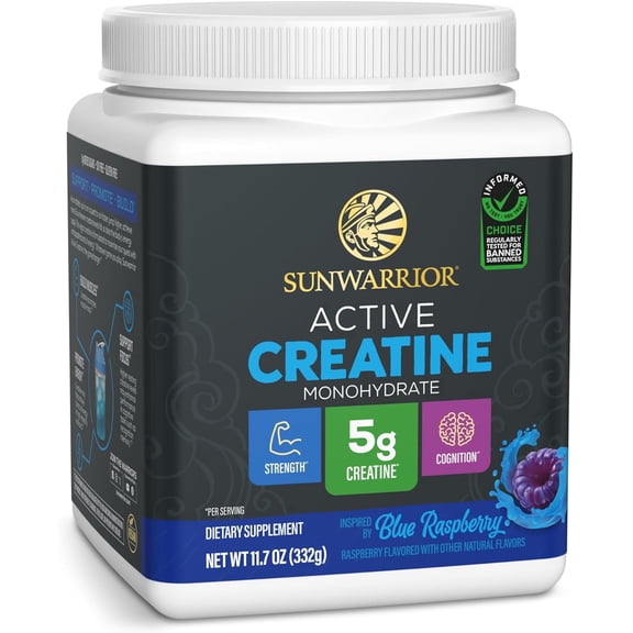 Sunwarrior Active Creatine Monohydrate Powder,Pre Workout Supplement,Blue Raspberry, 50 Servings