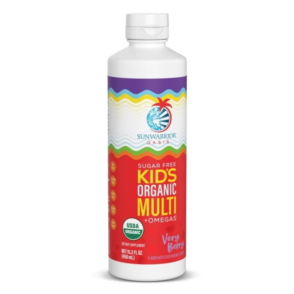 Sunwarrior Oasis Organic Liquid Kids Multivitamin + Omega-3 Flaxseed Oil for Brain Health & Immune Support, 450 ml
