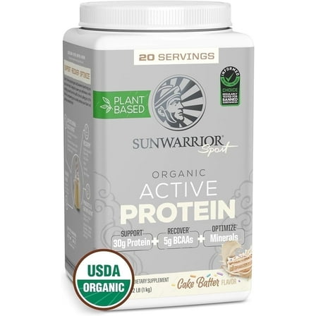 Sunwarrior Organic Active Protein Vegan Protein Powder, Cake Batter, 2.2 lbs (20 Servings)