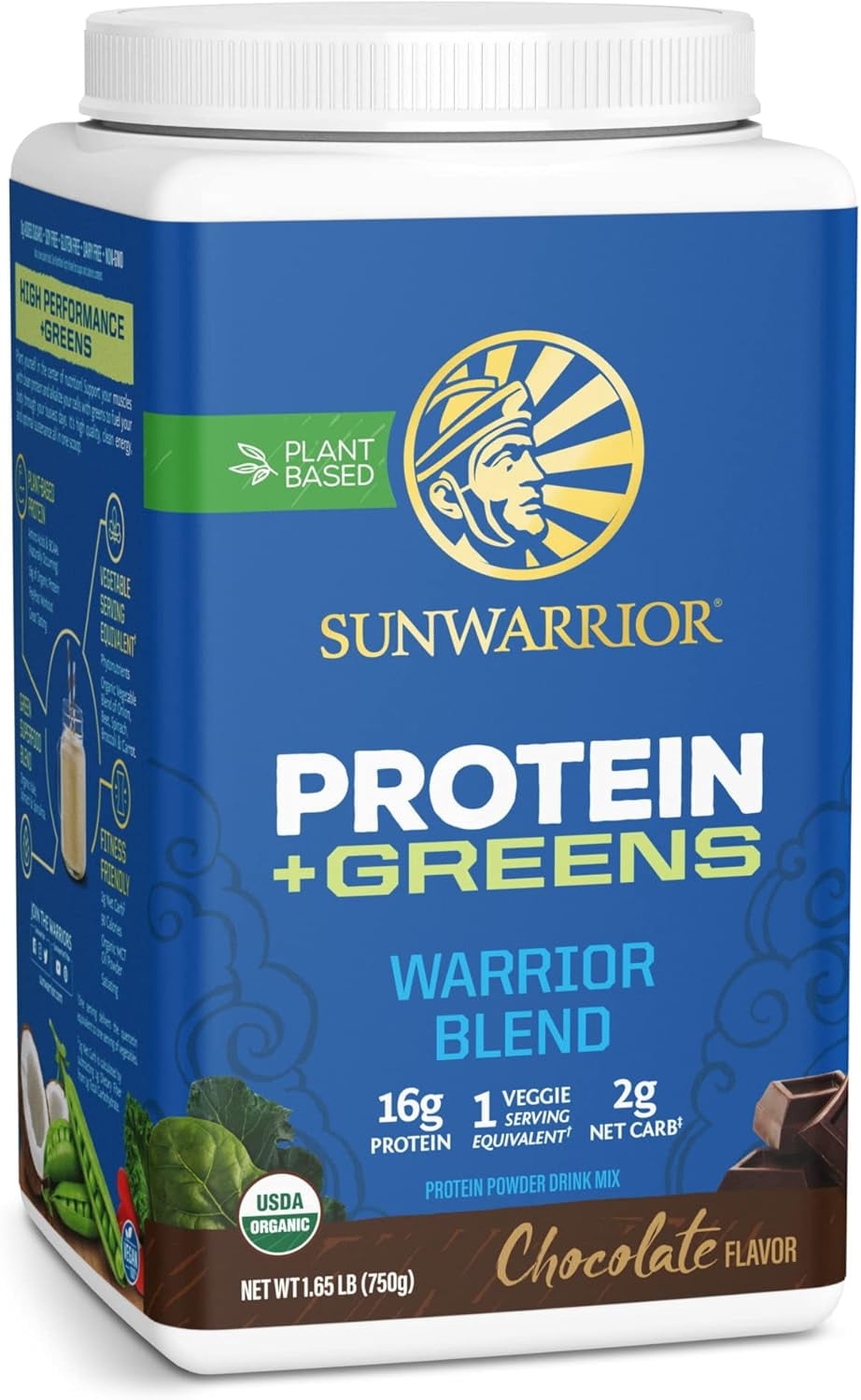 Sunwarrior Warrior Blend Greens Vegan Protein Powder, Chocolate Flavor, 1.65 lbs (30 Servings)