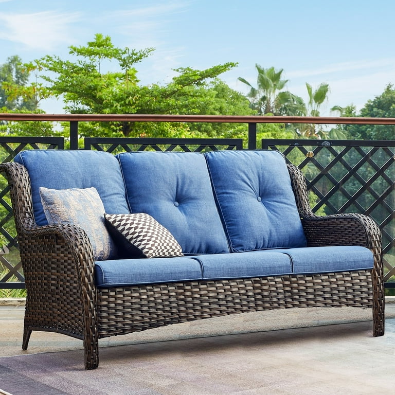 Pocassy Outdoor Wicker 3 Seater Sofa with cushion high back and deep seating Brown Blue