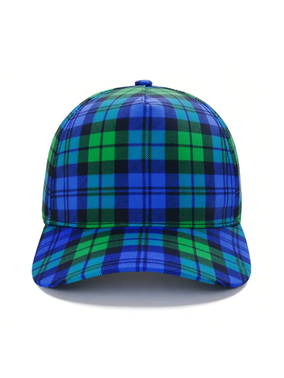 Scottish Tartan Trucker Cap, Blue & Green Checkered Pattern Adjustable Unisex Dad Hat for Preppy & Casual Wear