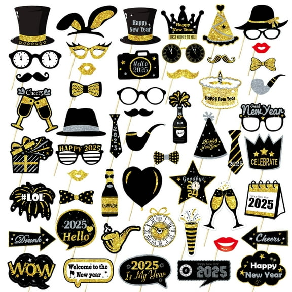 Sunxin Event & Party 53 Pieces Black Golden Photo Booth Props for Birthday Wedding New Year Mix of Hats Lipstick Tie Crowns and More Funny Selfie Props, 1* Party and Dance Photography Supplies