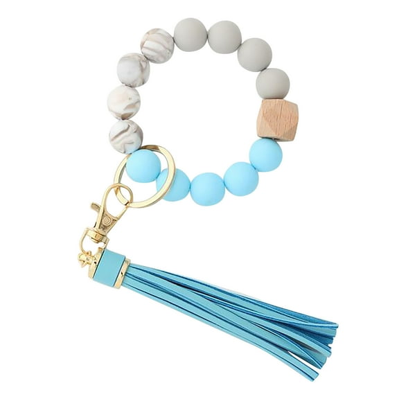 Sunxin Wrist Keychain Pendant, Anti-Loss Bracelet, Key Ring, Bluesilicone Key Ring Bracelet, Women Beaded Bangle Keychain Wristlet Leather Tassel