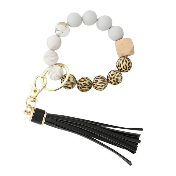 Sunxin Wrist Keychain Pendant, Anti-Loss Bracelet, Keychain, Blacksilicone Key Ring Bracelet, Women Beaded Bangle Keychain Wristlet Leather Tassel