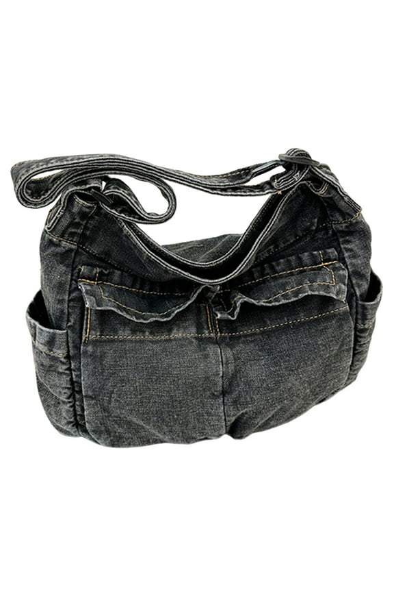 Women Fashion Shoulder Bag Adjustable Strap Denim Retro Sling Bag (Black)