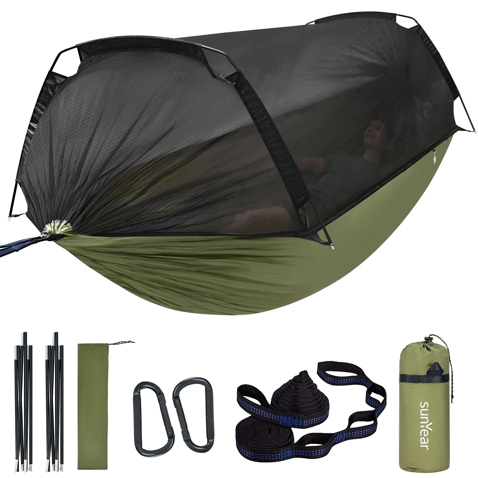 Sunyear Camping Hammock Patent Trapezoidal Portable Double / Single Hammock with Mosquito Net Anti-Rollover & Easy Setup 600lbs