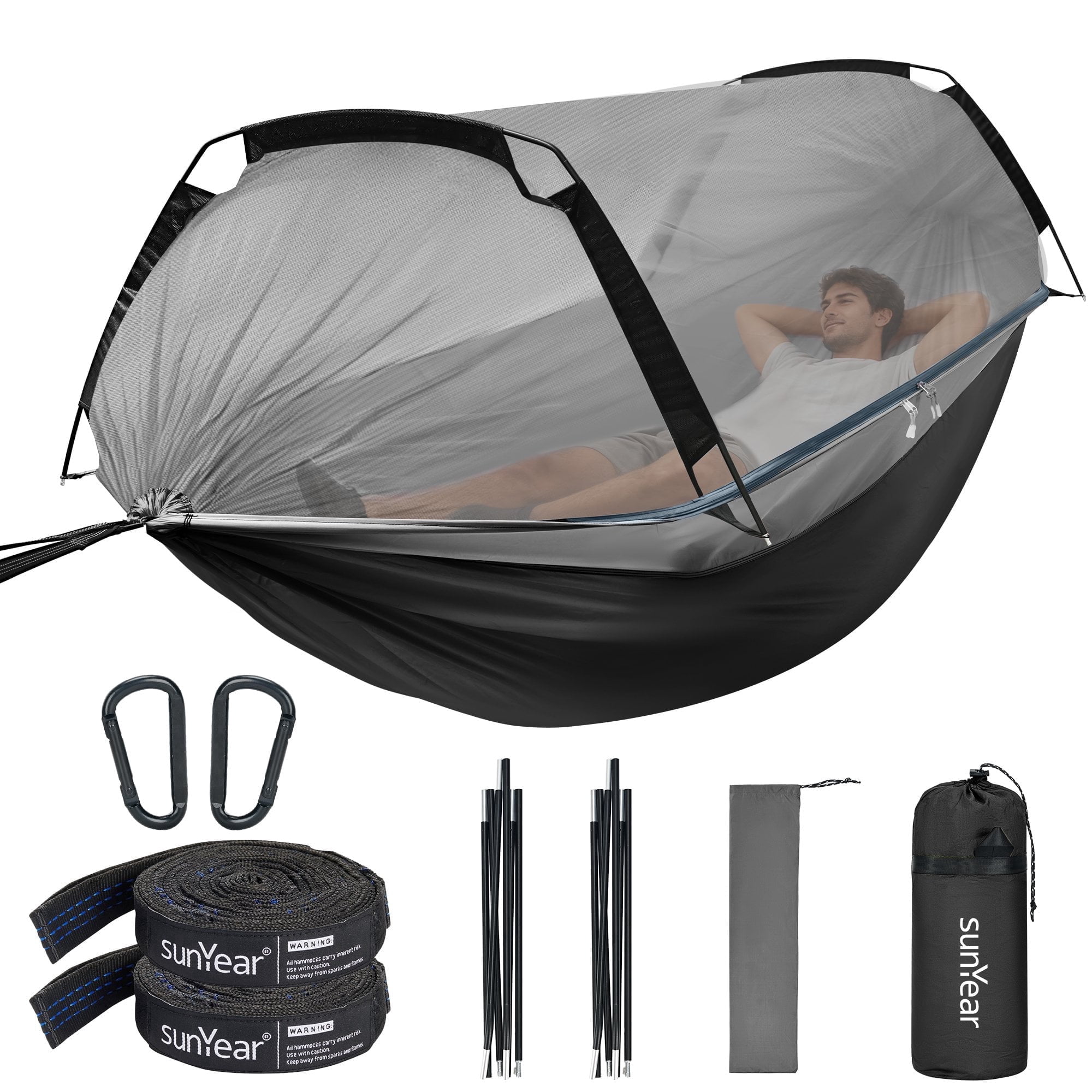 Sunyear Camping Hammock Patent Trapezoidal Portable Double / Single Hammock with Mosquito Net Anti-Rollover & Easy Setup 600lbs
