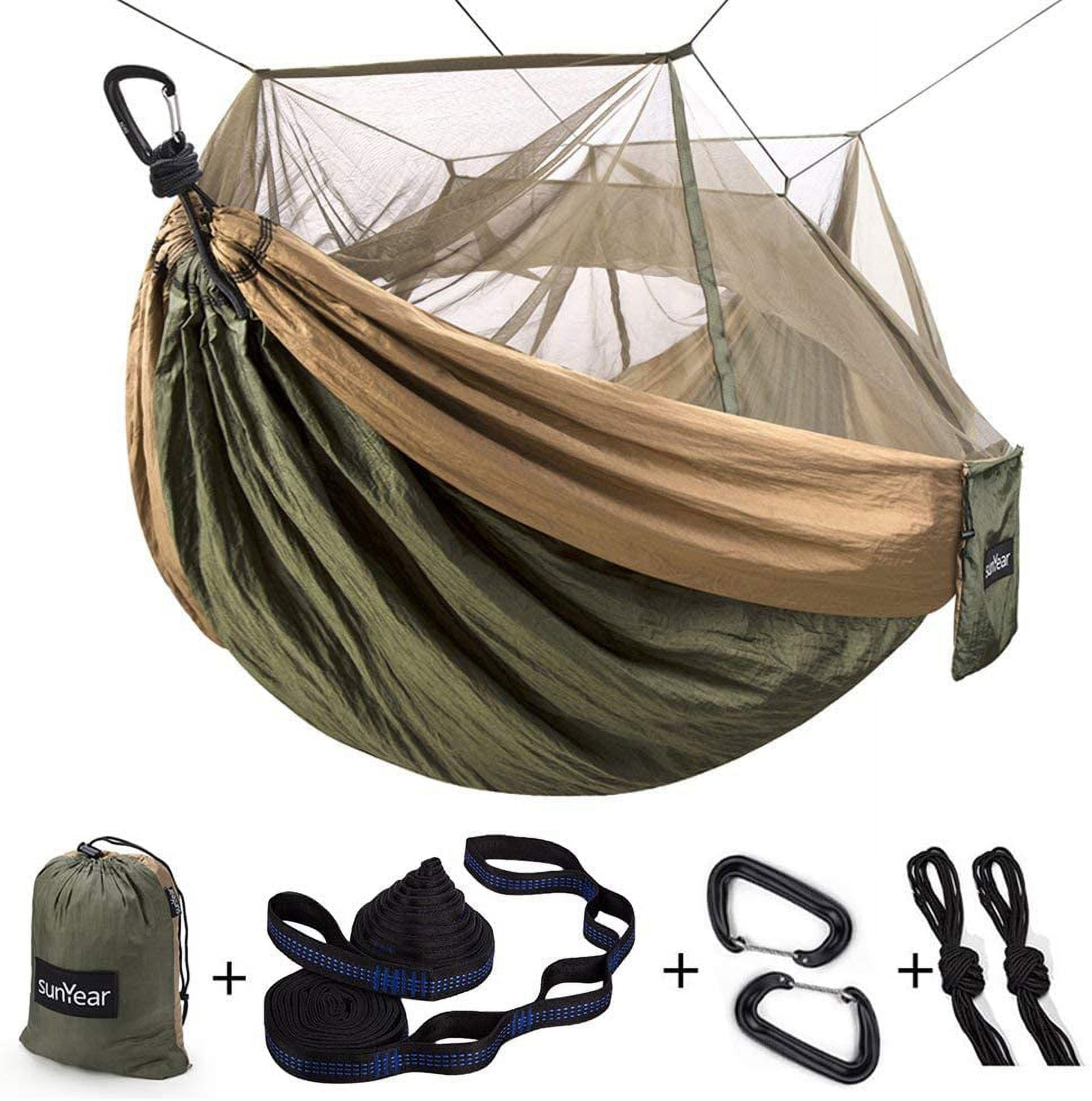 Sunyear Single & Double Camping Hammock with Net, Portable Outdoor Tree  Hammock 2 Person Hammock for Camping Backpacking Survival Travel, 10ft  Hammock Tree Straps and 2 Carabiners, Easy to Setup 