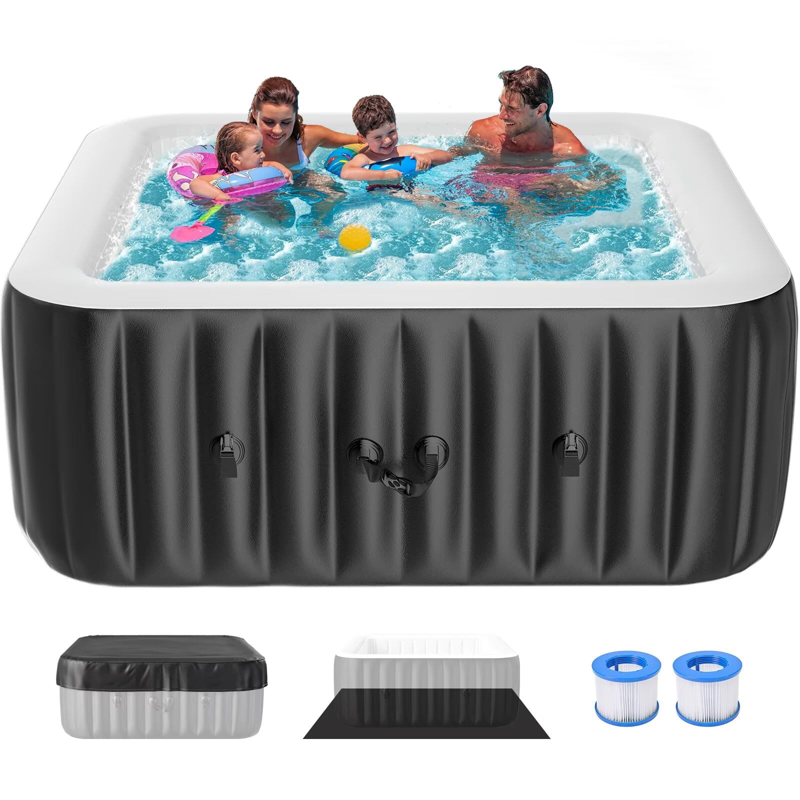 Sunyrisy 4-6 Person Inflatable Hot Tub, Square Blow Up Portable Hot Tub, Leak-Proof PVC Outdoor Spa with 130 Strong Air Jets, Heater Pump and Insulated Cover, 73” X 73”X 25”