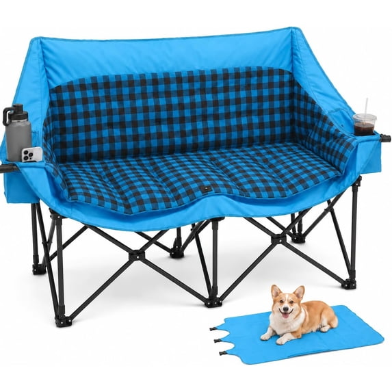 Sunyrisy Double Camping Chair, Oversized Loveseat Padded Camp Chair, 2 Person Camping Chairs for Adults Heavy Duty, Two Person Folding Chairs with Cup Holder for Outside Picnic Beach Travel, Grey