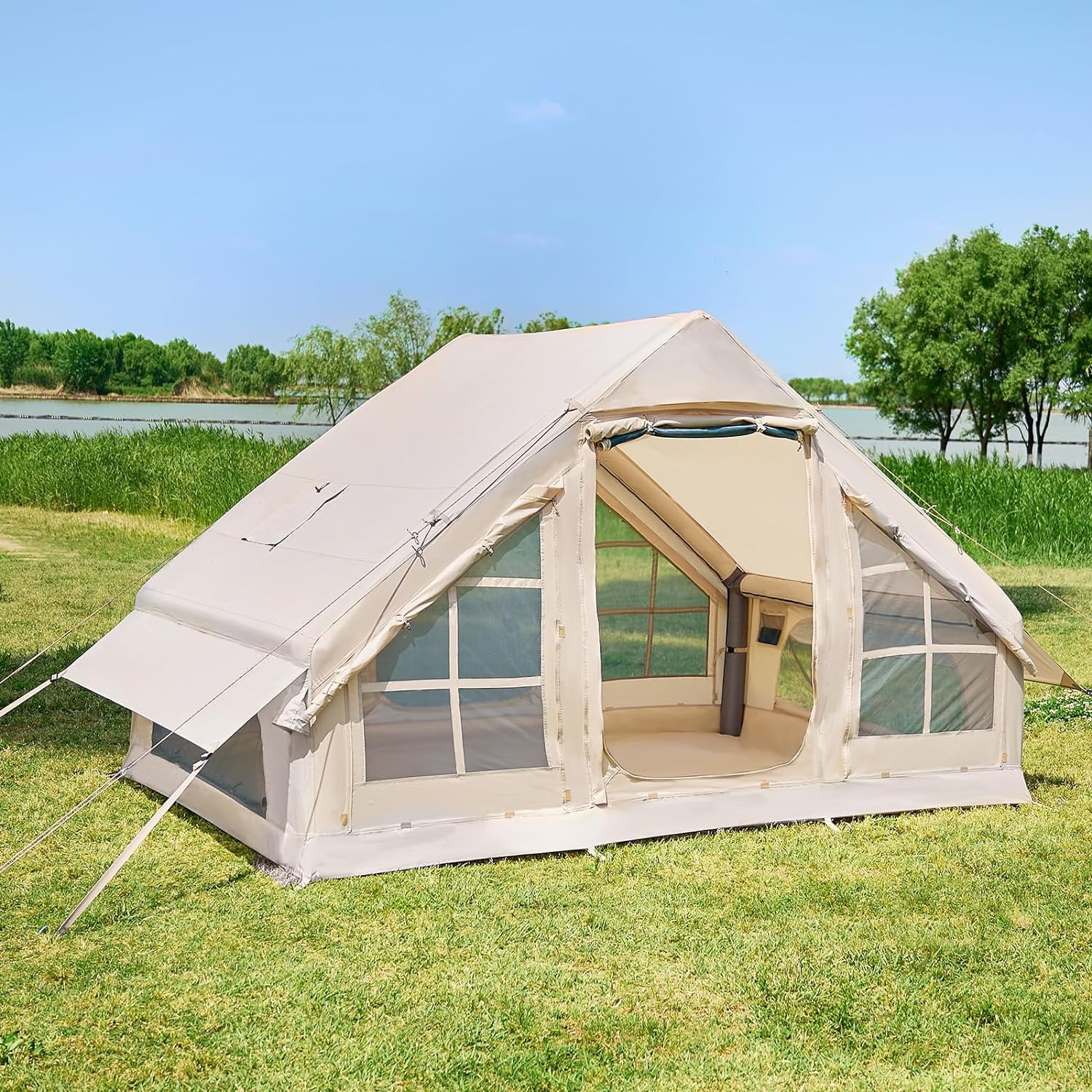 Sunyrisy Inflatable Tent for 4-6 with with Mesh Windows & Doors, Easy Setup Waterproof Glamping Tent for Camping Hiking Backpacking