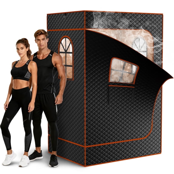 Sunyrisy Portable 2-Person Sauna Tent w/ 9 Heat Settings & 99-Minute Timer, 2 Windows, Powerful 1000W/2.6L Steamer, Includes 2 Folding Chairs, 5-Layer Insulated Waterproof Design