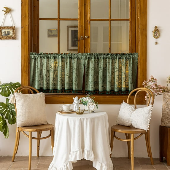 Sunyuer 1 Panel French Floral Sheer Curtains with Tassels for Small Windows White Kitchen Window Curtains Romantic Short Sheer Curtain for Doorway Decoration Door Divider