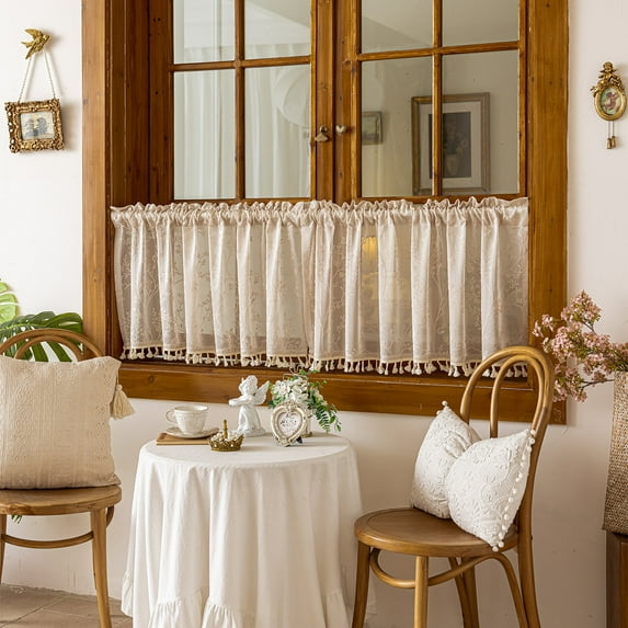 Sunyuer 1 Panel French Floral Sheer Curtains with Tassels for Small Windows White Kitchen Window Curtains Romantic Short Sheer Curtain for Doorway Decoration Door Divider