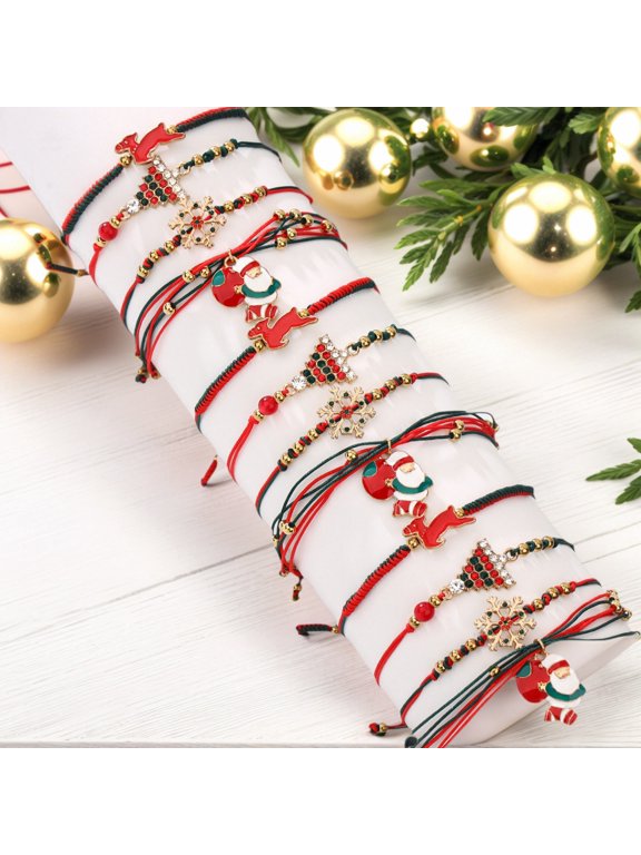 12 Pack Christmas Bracelets Jewelry for Women Handmade Candy Beaded Bracelets Letter Stretch Bracelet Bulk White Red Green Friendship Christmas Decorations Holiday Stocking Stuffers Gifts