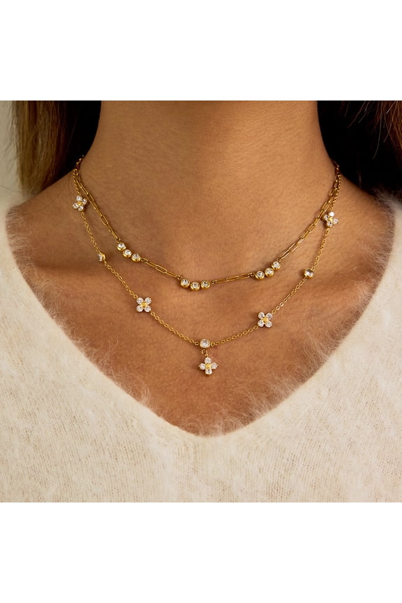 18K Gold Plated Double-Layer Zircon Four-Leaf Clover Necklace Elegant and Lucky Charm