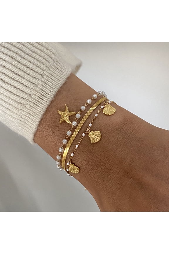 18K Gold Plated Stainless Steel Boho Beach Pearl & Shell Charm Bracelet - Minimalist & Versatile DIY Jewelry