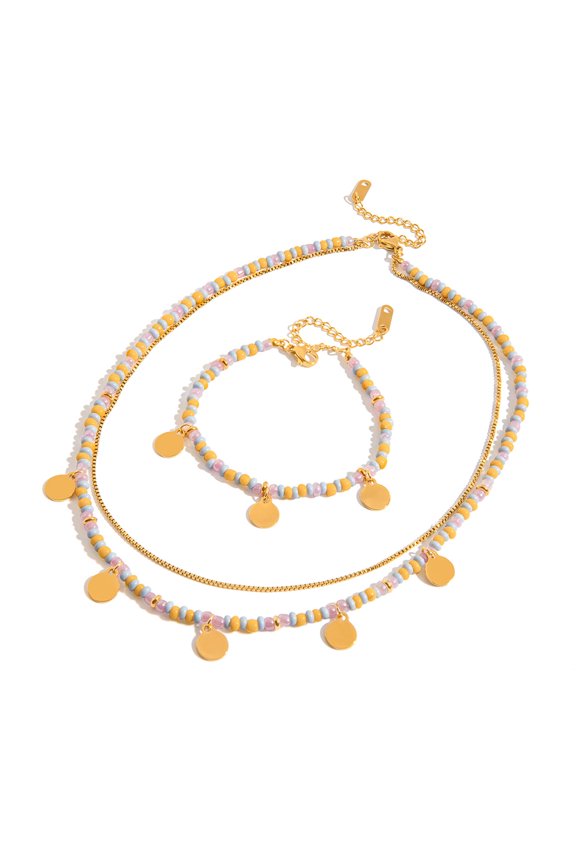 18K Gold-Plated Stainless Steel Colorful Seed Bead Necklace & Bracelet Set - French Vintage Layered Collarbone Jewelry for Women